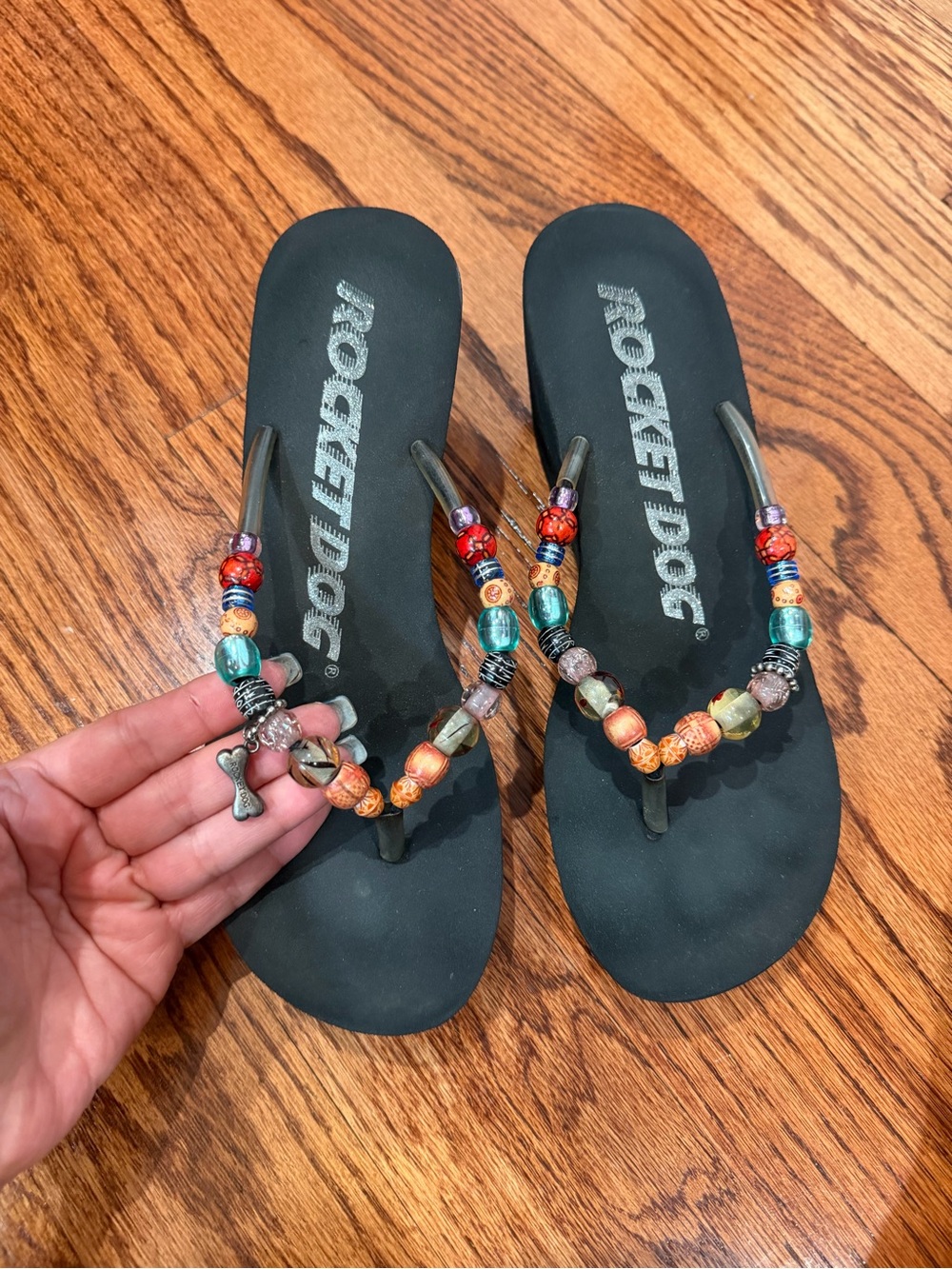Rocket Dog Black Beaded Thong Sandals with Multicolor Accent Beads